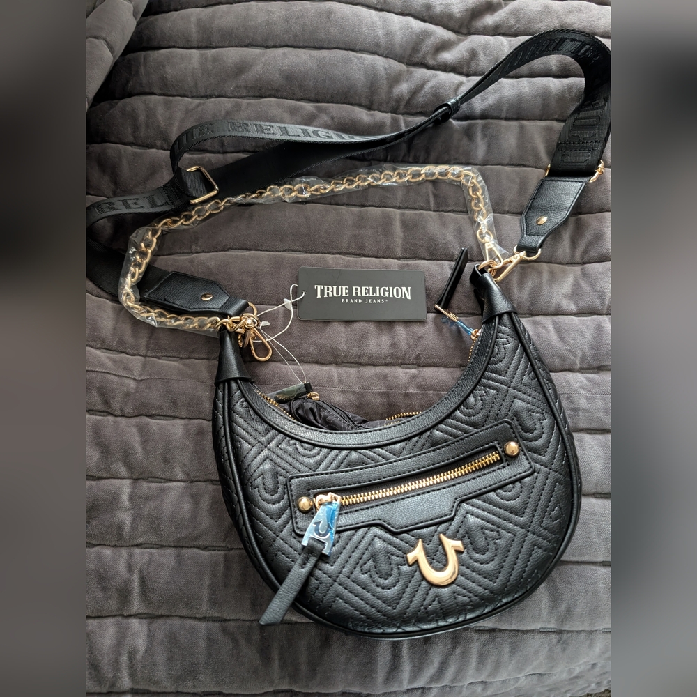 True Religion Black Quilted Crossbody Bag with Gold Accents